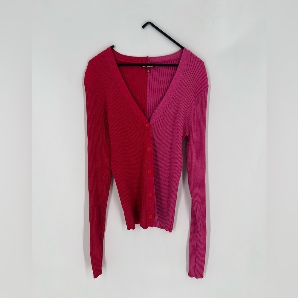 Staud Cargo Two Tone Rib Knit Metallic Sweater Cardigan In Lava & Peony